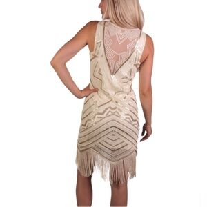 Sleeveless V-Back Sequin Fringe Midi Dress in Champagne